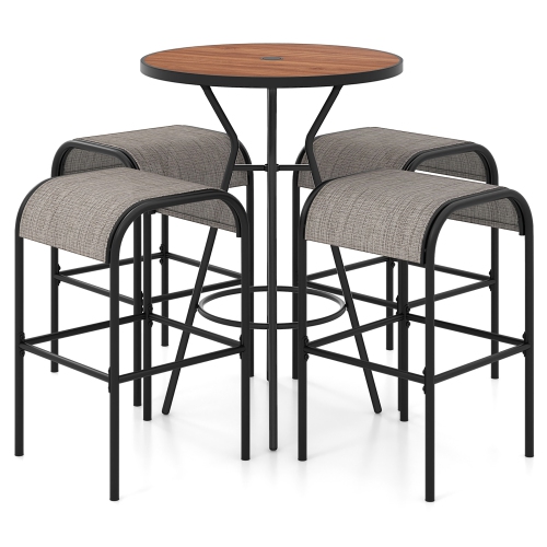 Gymax 5 PCS Patio Bistro Set Round Table w/ 1.6'' Umbrella Hole & 4 Stools Metal Frame