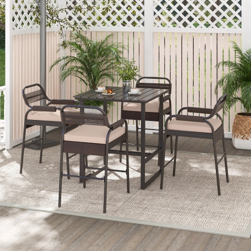 Gymax 5-Piece Patio Rattan Counter Set Counter Height Square Table w/ 4 Wicker Counter Stools