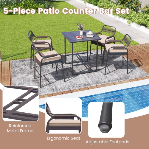Gymax 5-Piece Patio Rattan Counter Set Counter Height Square Table w/ 4 Wicker Counter Stools