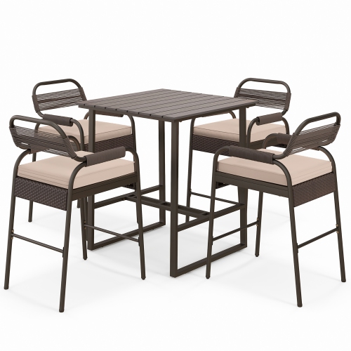 Gymax 5-Piece Patio Rattan Counter Set Counter Height Square Table w/ 4 Wicker Counter Stools