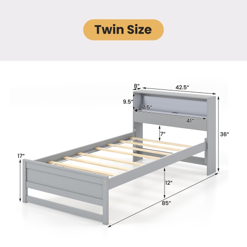 Gymax Twin Size Wooden Bed Frame w/ Charging Station & LED Light Storage Headboard