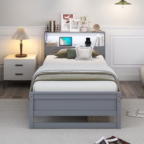 Gymax Twin Size Wooden Bed Frame w/ Charging Station & LED Light Storage Headboard