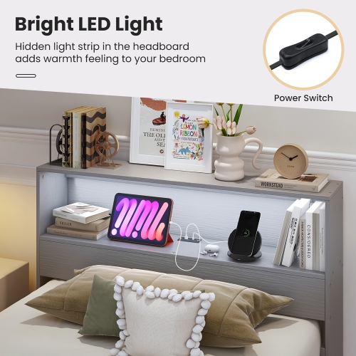 Gymax Twin Size Wooden Bed Frame w/ Charging Station & LED Light Storage Headboard