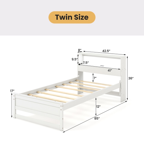 Gymax Twin Size Wooden Bed Frame w/ Charging Station & LED Light Storage Headboard