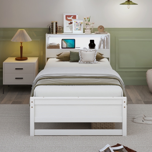 Gymax Twin Size Wooden Bed Frame w/ Charging Station & LED Light Storage Headboard