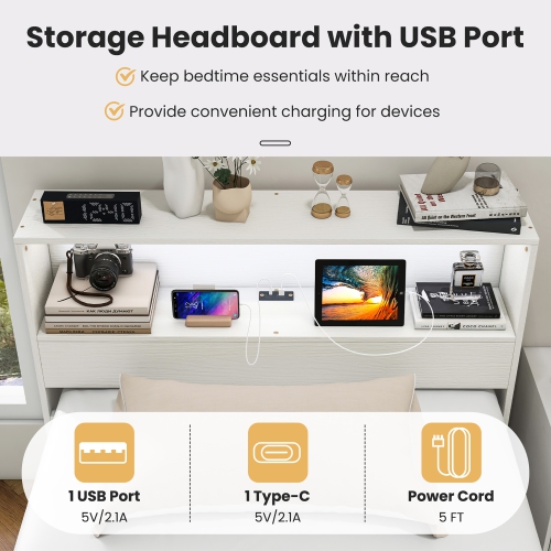 Gymax Twin Size Wooden Bed Frame w/ Charging Station & LED Light Storage Headboard