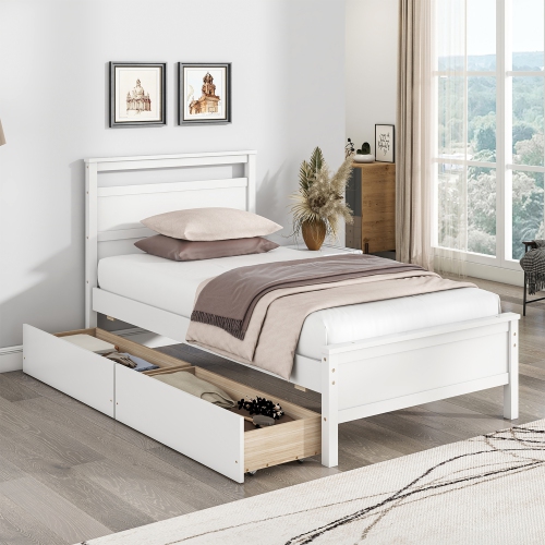 Gymax Twin Size Platform Bed w/ Drawers 2 Pull-out Drawers Headboard & Footboard White
