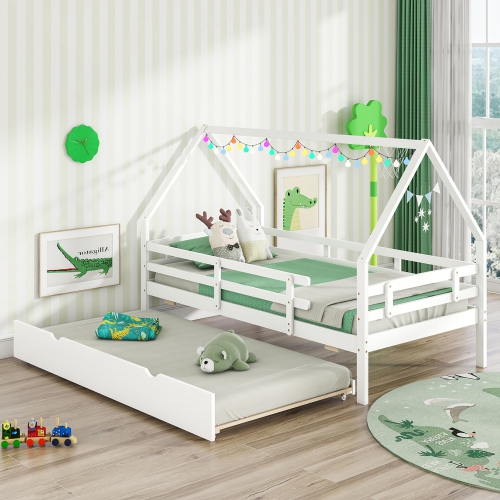 Gymax Twin Size House Bed w/ Trundle Wooden Kids Bed w/ Safety Rails & Decorable Roof