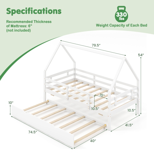 Gymax Twin Size House Bed w/ Trundle Wooden Kids Bed w/ Safety Rails & Decorable Roof