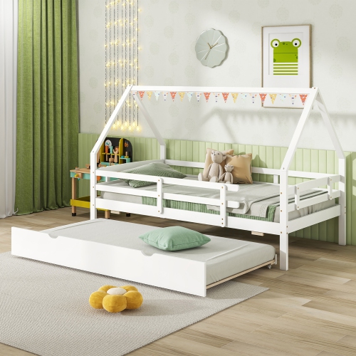 Gymax Twin Size House Bed w/ Trundle Wooden Kids Bed w/ Safety Rails & Decorable Roof