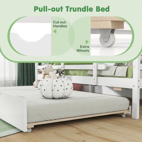 Gymax Twin Size House Bed w/ Trundle Wooden Kids Bed w/ Safety Rails & Decorable Roof