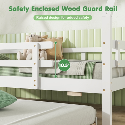 Gymax Twin Size House Bed w/ Trundle Wooden Kids Bed w/ Safety Rails & Decorable Roof