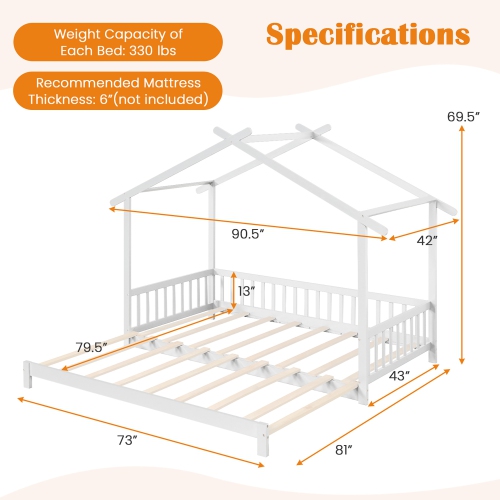 Gymax Wooden House Bed Twin to King Daybed w/ Safety Rails & Decorable Roof