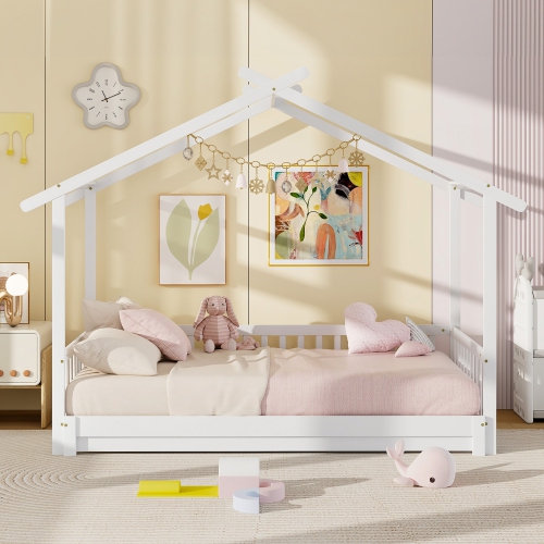 Gymax Wooden House Bed Twin to King Daybed w/ Safety Rails & Decorable Roof
