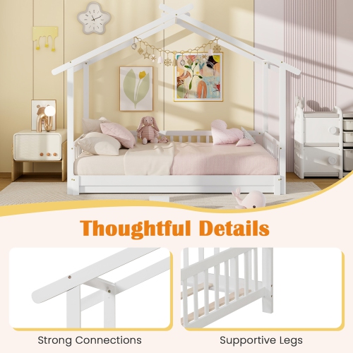 Gymax Wooden House Bed Twin to King Daybed w/ Safety Rails & Decorable Roof