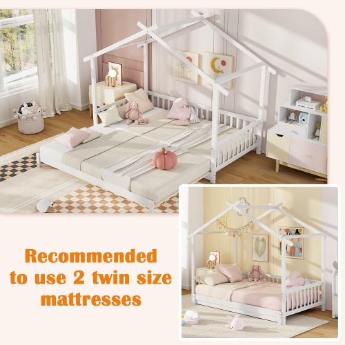 Gymax Wooden House Bed Twin to King Daybed w/ Safety Rails & Decorable Roof