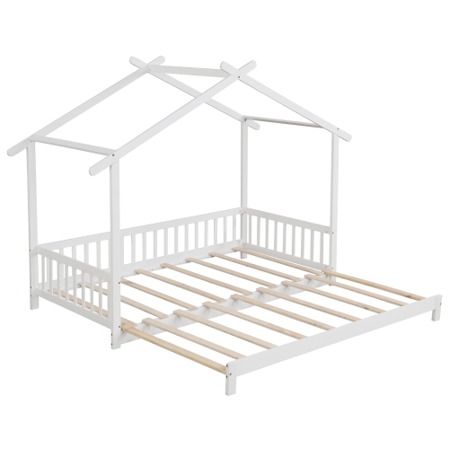 Gymax Wooden House Bed Twin to King Daybed w/ Safety Rails & Decorable Roof