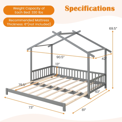 Gymax Wooden House Bed Twin to King Daybed w/ Safety Rails & Decorable Roof