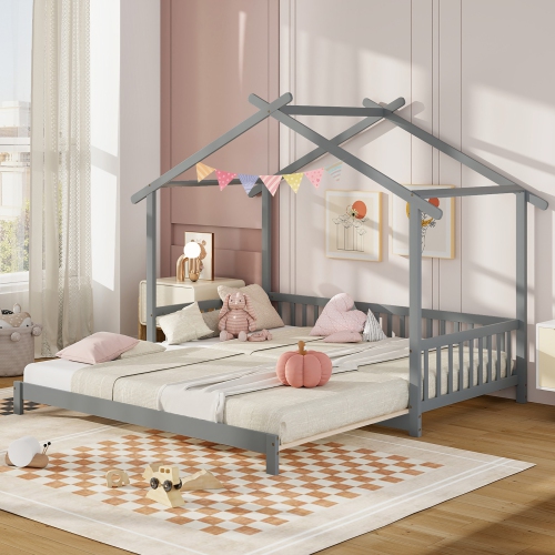 Gymax Wooden House Bed Twin to King Daybed w/ Safety Rails & Decorable Roof