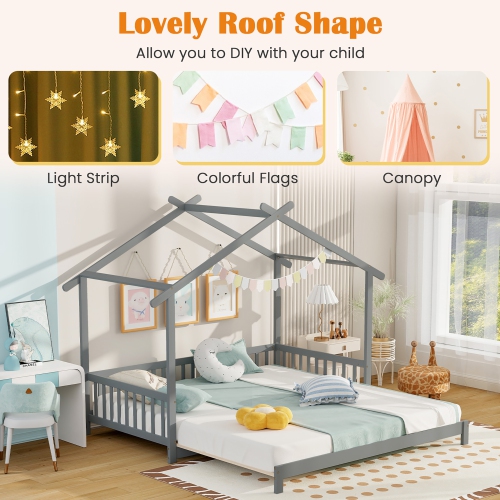 Gymax Wooden House Bed Twin to King Daybed w/ Safety Rails & Decorable Roof