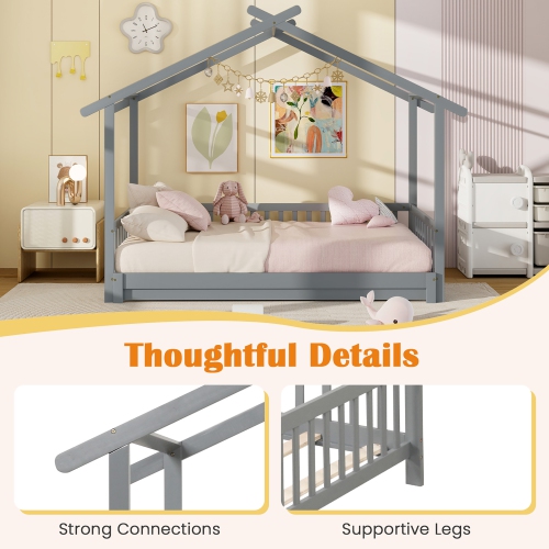 Gymax Wooden House Bed Twin to King Daybed w/ Safety Rails & Decorable Roof