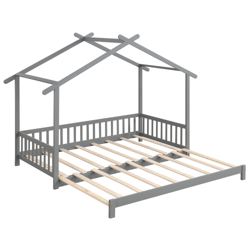 Gymax Wooden House Bed Twin to King Daybed w/ Safety Rails & Decorable Roof