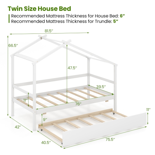 Gymax Twin House Bed w/ Trundle w/ Roof & Fence Rails Wooden Platform Bed Frame
