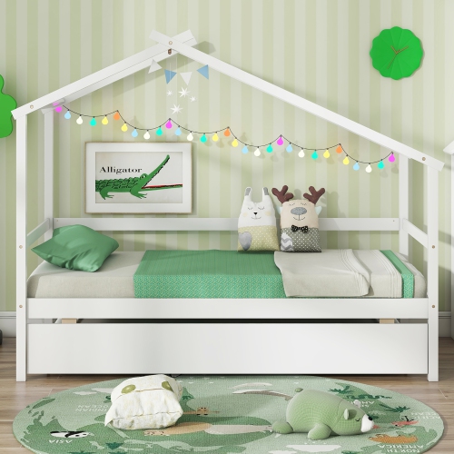 Gymax Twin House Bed w/ Trundle w/ Roof & Fence Rails Wooden Platform Bed Frame