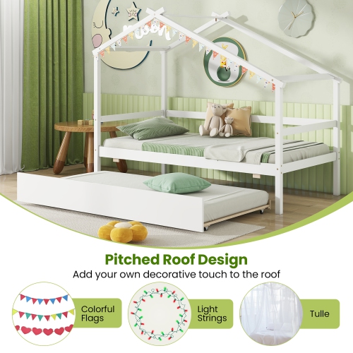 Gymax Twin House Bed w/ Trundle w/ Roof & Fence Rails Wooden Platform Bed Frame