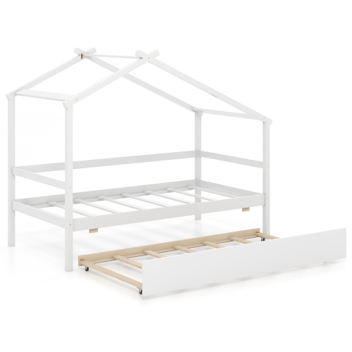 Gymax Twin House Bed w/ Trundle w/ Roof & Fence Rails Wooden Platform Bed Frame