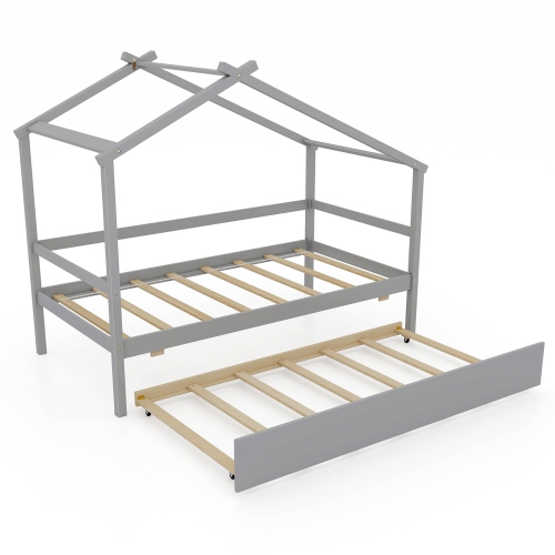 Gymax Twin House Bed w/ Trundle w/ Roof & Fence Rails Wooden Platform Bed Frame