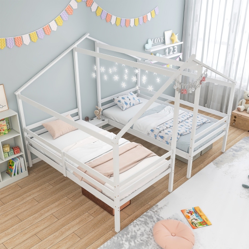 Gymax Double Twin Size Bed Frames for Kids with Built-in Table & USB Port Guardrails