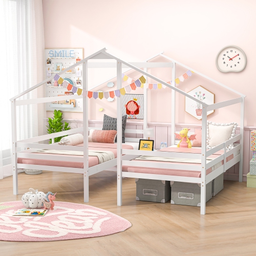 Gymax Double Twin Size Bed Frames for Kids with Built-in Table & USB Port Guardrails