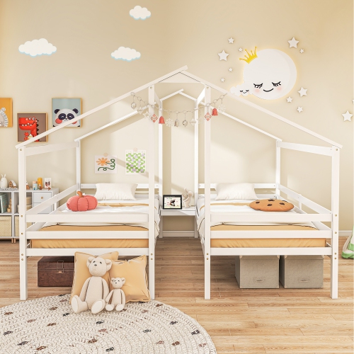 Gymax Double Twin Size Bed Frames for Kids with Built-in Table & USB Port Guardrails