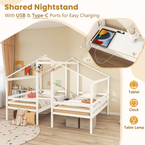 Gymax Double Twin Size Bed Frames for Kids with Built-in Table & USB Port Guardrails
