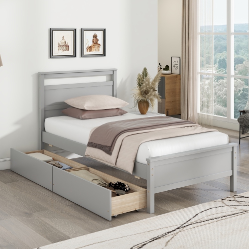 Gymax Twin Size Platform Bed w/ Drawers 2 Pull-out Drawers Headboard & Footboard Gray