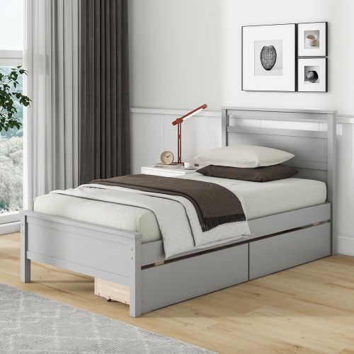 Gymax Twin Size Platform Bed w/ Drawers 2 Pull-out Drawers Headboard & Footboard Gray