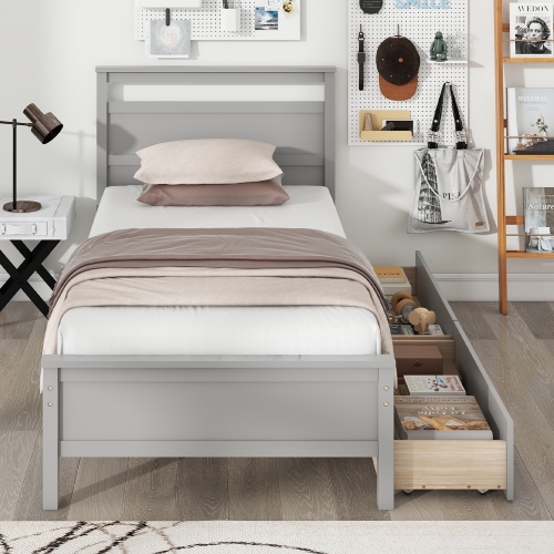 Gymax Twin Size Platform Bed w/ Drawers 2 Pull-out Drawers Headboard & Footboard Gray