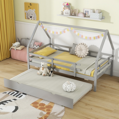 Gymax Twin Size House Bed w/ Trundle Wooden Kids Bed w/ Safety Rails & Decorable Roof