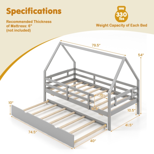 Gymax Twin Size House Bed w/ Trundle Wooden Kids Bed w/ Safety Rails & Decorable Roof