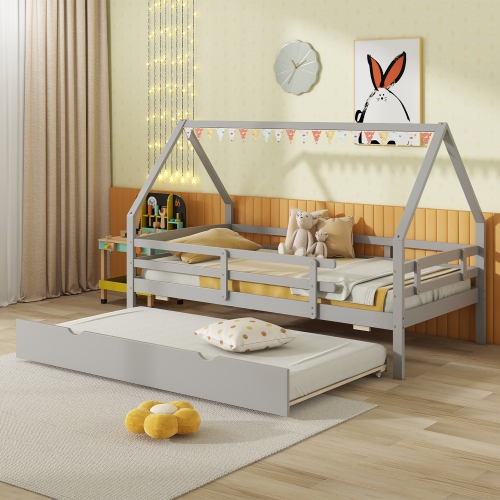 Gymax Twin Size House Bed w/ Trundle Wooden Kids Bed w/ Safety Rails & Decorable Roof