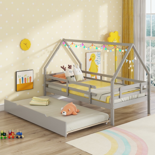 Gymax Twin Size House Bed w/ Trundle Wooden Kids Bed w/ Safety Rails & Decorable Roof