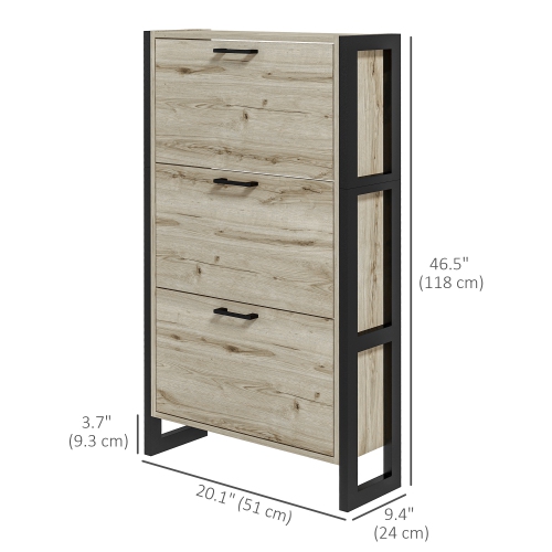 Armoire à chaussures industrielle de HOMCOM avec 3 tiroirs rabattables et tablette réglable, armoire de rangement étroite autonome pour chaussures
