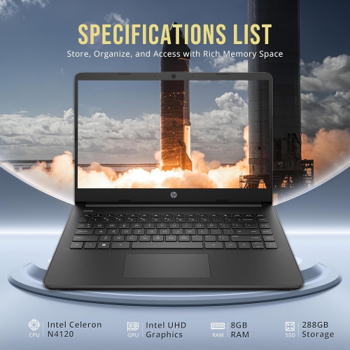 HP Stream 14" HD Laptop, Intel Celeron N4120, 288GB Storage, 8GB RAM, Intel UHD Graphics, HD Webcam, WiFi, Bluetooth, Win 11 S, Black