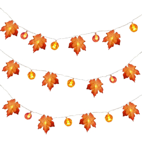 YOULIGHTS 19.6ft/6M Maple Leaf Pumpkin String Lights Waterproof, 20 LED Battery Operated