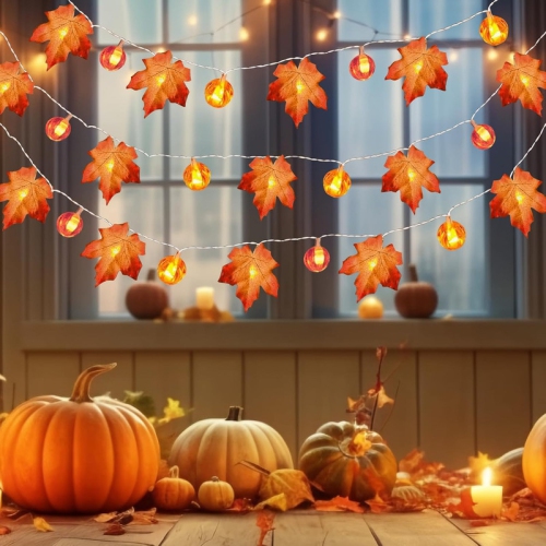 YOULIGHTS 19.6ft/6M Maple Leaf Pumpkin String Lights Waterproof, 20 LED Battery Operated