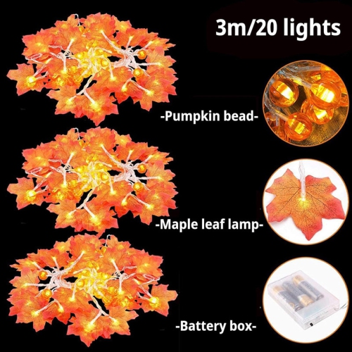 YOULIGHTS 19.6ft/6M Maple Leaf Pumpkin String Lights Waterproof, 20 LED Battery Operated