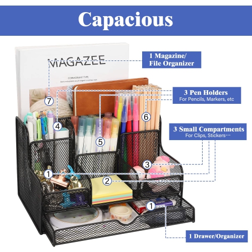 Desk Organizer, Office Organizers with 7 Compartmentsfor Notebook, Pens, Pencils Stationary Accessories Office Supplies