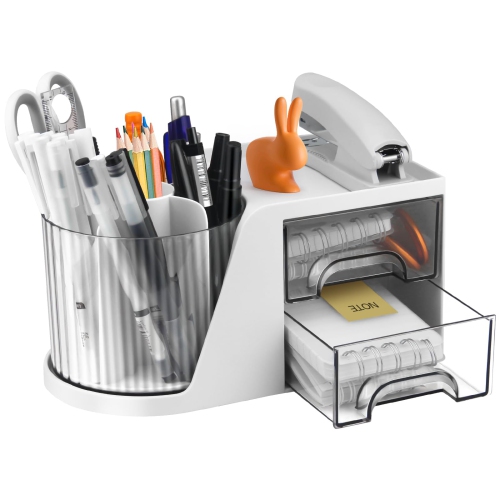 AURORA  Rotating Desk Organizer, Pen Holder With 2 Drawers, Stationery Accessories Cosmetics Storage Box for Office School Home