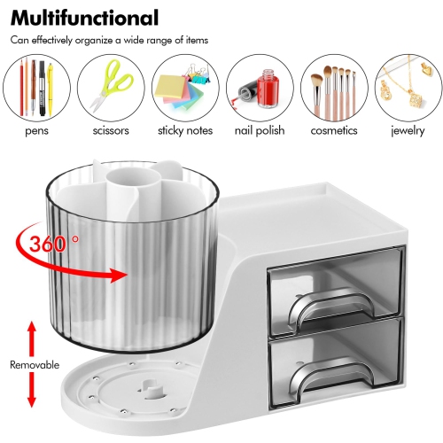 Rotating Desk Organizer, Pen holder with 2 Drawers, Stationery Accessories Cosmetics Storage Box for Office School Home